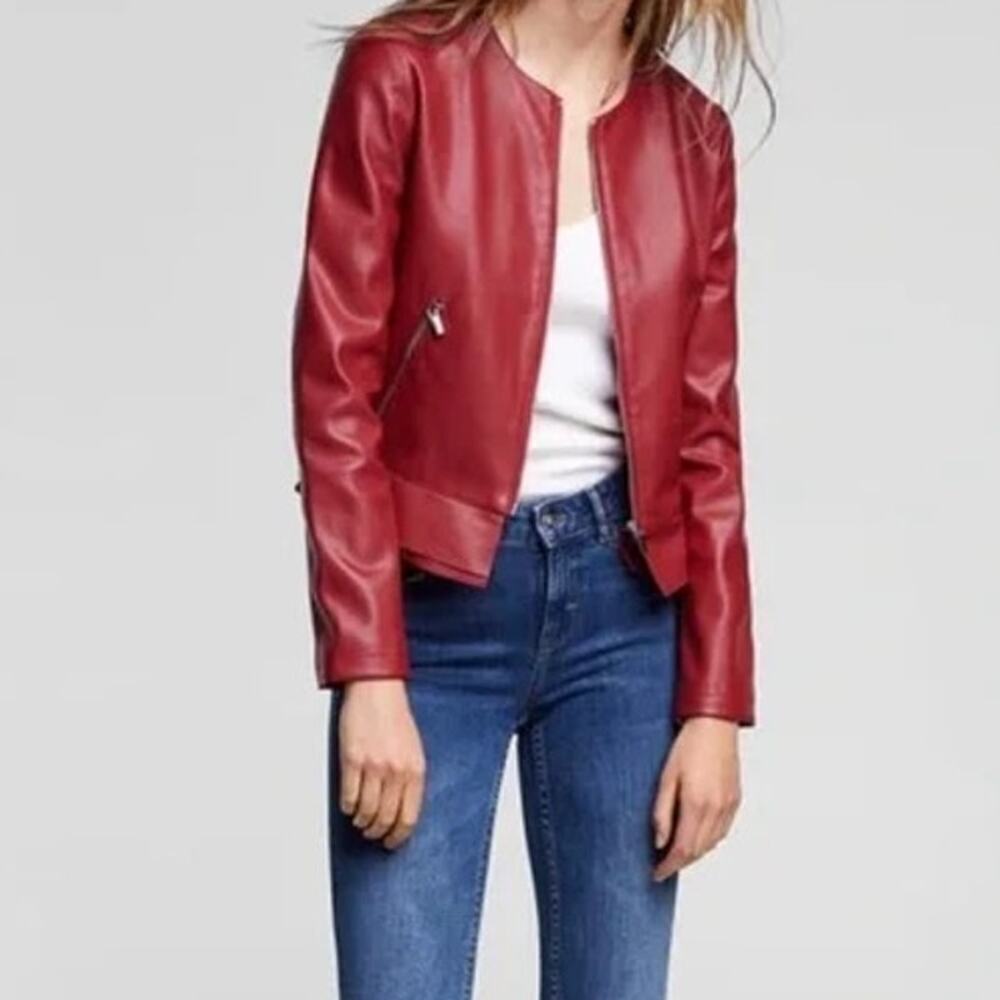 Zara Full Zip Faux Leather Moto Biker Jacket With Peplum Hem Red Women's Small